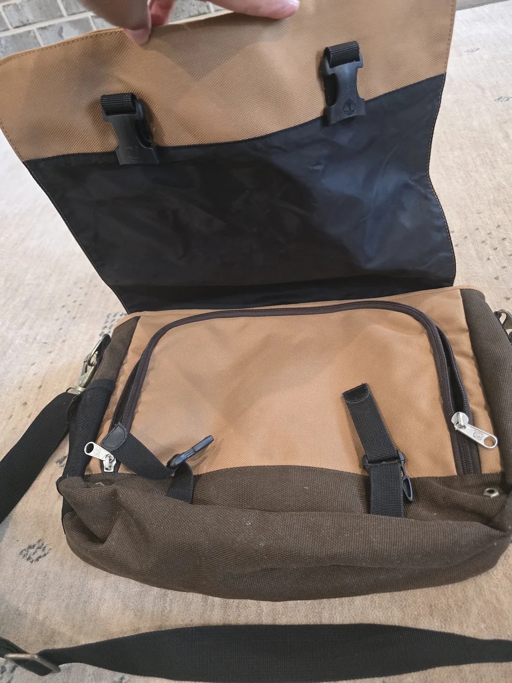 Timberland Brown Canvas and Tan Leather Messenger Bag